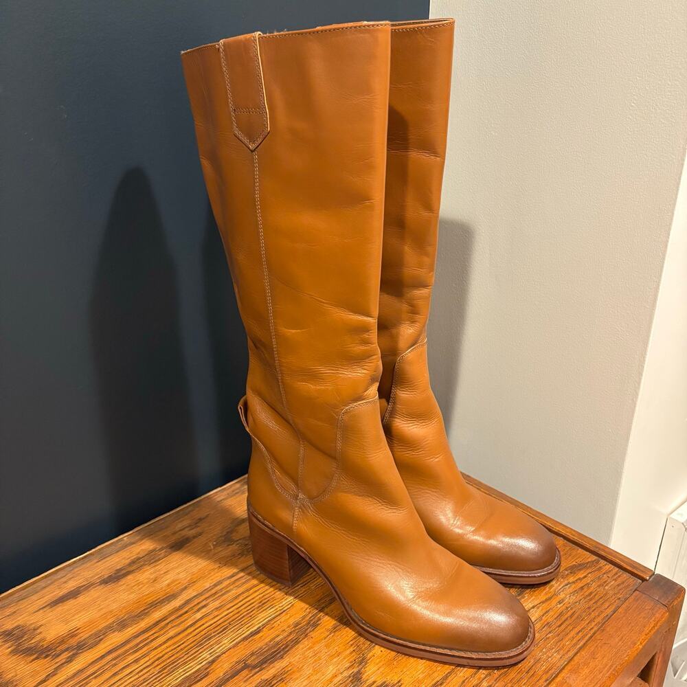 Zara Leather Knee High Block Heel Pull On Boots - Picture 2 of 15